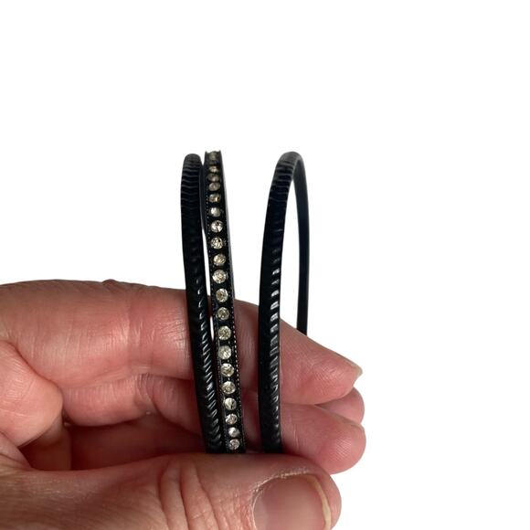 Women's 3 Stack Black Metal Bracelets White Rhinestones Simple Timeless Neutral - Picture 6 of 8